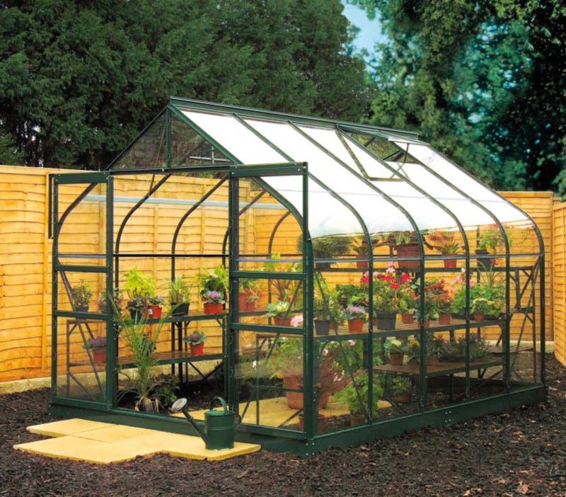 Stylish curved eaves, Double front sliding doors, Roof vent as standard, Easy clip in glazing system, 5" Base supplied as standard, Please note that deliveries are to kerbside only, Product is supplied flat-packed - Requires assembly, Use to grow local and sustainable foods, Manufactured in the UK