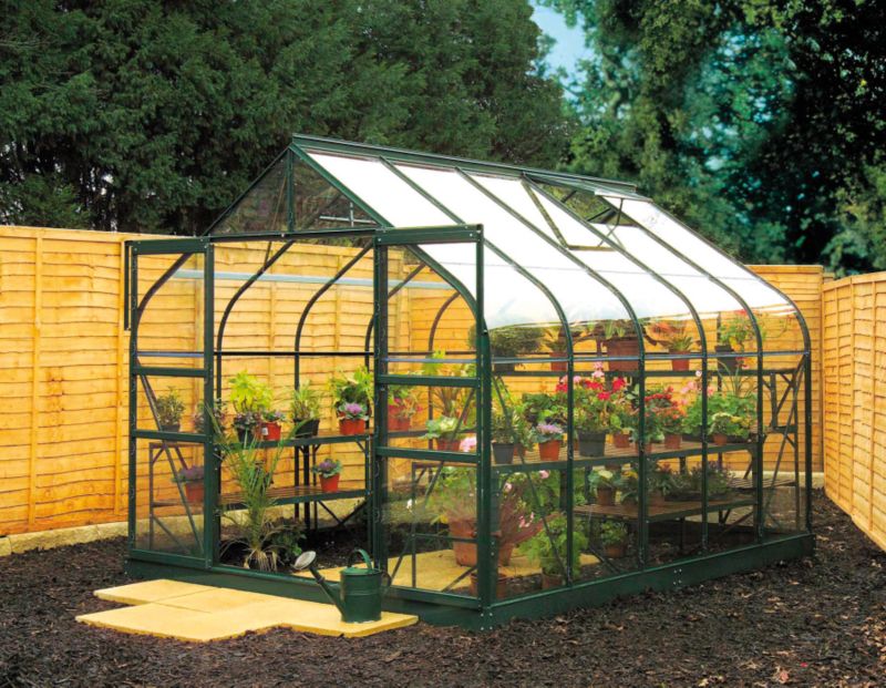 Stylish curved eaves, Double front sliding doors, Roof vent as standard, Easy clip in glazing system, 5" Base supplied as standard, Please note that deliveries are to kerbside only, Product is supplied flat-packed - Requires assembly, Use to grow local and sustainable foods, Manufactured in the UK