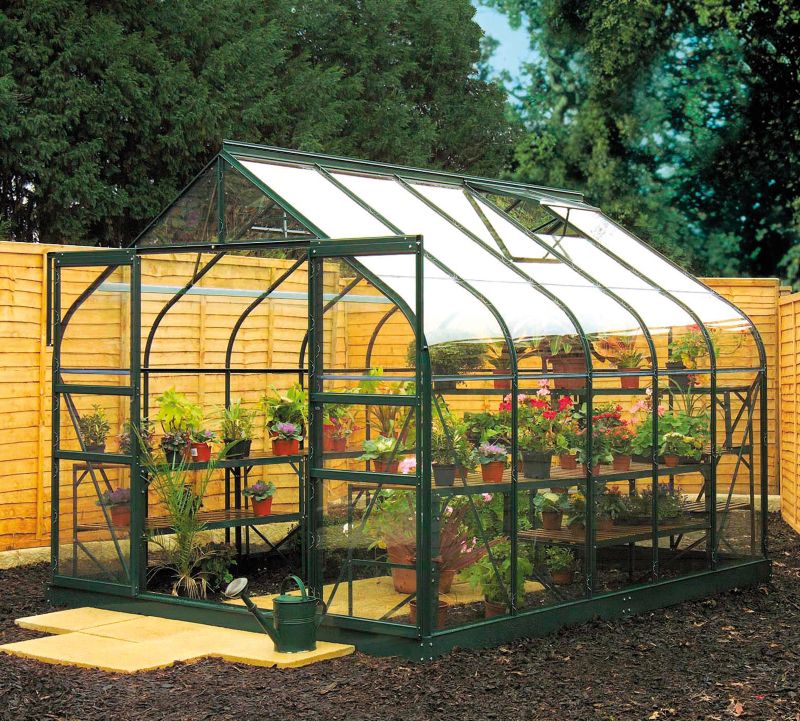12 x 8 Curved Long Pane Greenhouse With Toughened Glass amp Base Green Painted Finish