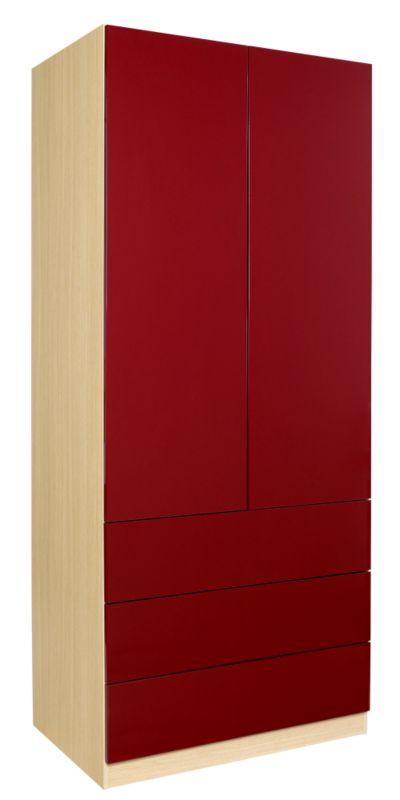 3 Drawer Wardrobe (Gloss Linen Press) Ferrara Oak and Burgundy Gloss