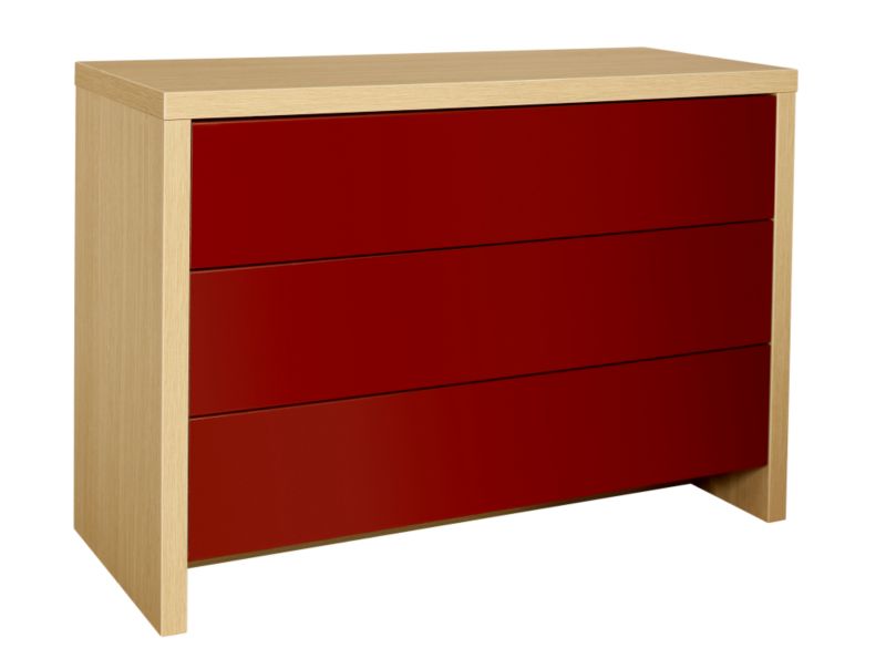 designer Wide 3 Drawer Chest Ferrara Oak and Burgundy Gloss