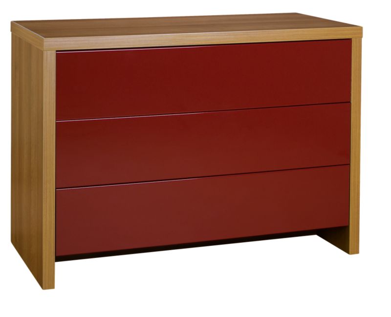 designer Wide 3 Drawer Chest Walnut and Burgundy Gloss