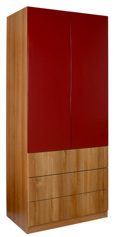 designer 3 Drawer Wardrobe (Contemporary Linen Press) Walnut and Burgundy Gloss