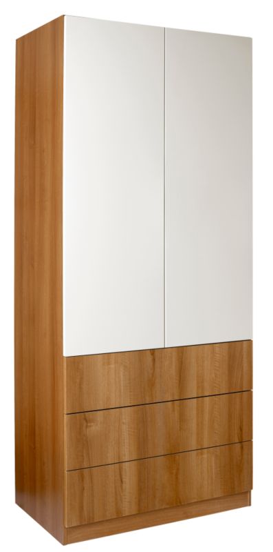 designer 3 Drawer Wardrobe (Contemporary Linen Press) Walnut and White Gloss