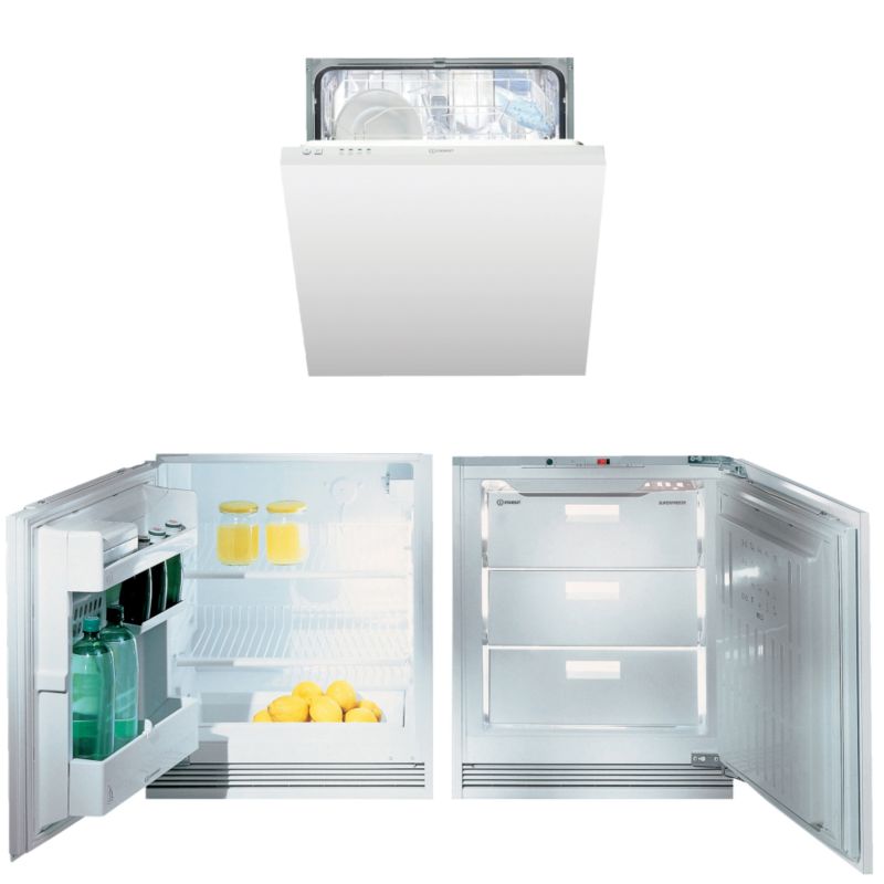 Fridge Dimensions: (H)815-875 x (W)580 x (D)545mm, Gurantee: 12 months parts and labour, Adjustable thermostat &amp; automatic defrost, 2 wire shelves &amp; fan assisted ventilation, Energy consumption 0.55 kWh/24, Capacity: 139L, Fully integrated, 0.55kw per 24 hours, Energy efficiency: B, Freezer Dimensions: (H)815-875 x (W)580 x (D)545mm, Adjustable thermostat, Superfreeze switch and indicator light, Energy consumption 0.73 kWh/24, Capacity: 100L, Fully integrated, 0.73kw per 24 hours., Energy efficiency: B, Dishwasher Dimensions: (H)820-900 x (W)595 x (D)570mm, 12 place settings, 4 wash programmes, Noise level: 51dBA, Aqua stop anti-floding system, Wash performance: A, Drying performance: A, Energy efficiency: A, Water compsumption: 16L, Half load programme, 13 amps