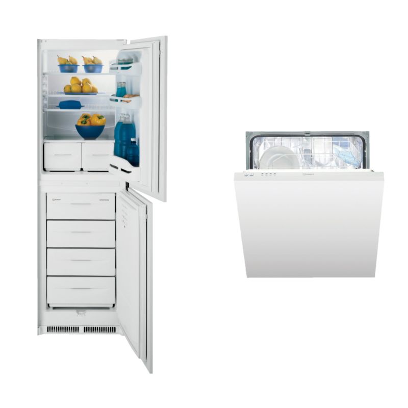 Fridge-Freezer Dimensions: (H)1772 x (W)543 x (D)550mm, Adjustable thermostat &amp; automatic fridge defrost, Freezer defrost by manual drainage channel., 2 ice cube trays, Safe store for up to 15 hours if the power fails., Guarantee, Freezer rating: A, Freezer Capacity: 105L, Fridge Capacity: 155L, Fully integrated, Guarantee: 12 months parts and labour, 0.84kw per 24 hours, Energy efficiency: A, Dishwasher Dimensions: (H)820-900 x (W)595 x (D)570mm, 12 place settings, 4 wash programmes, Noise level: 51dBA, Aqua stop anti-flooding system, Wash performance: A, Drying performance: B, Energy efficiency: B, Water consumption: 16L, Half load programme, 13 amps, Guarantee: 1 years parts &amp; labour