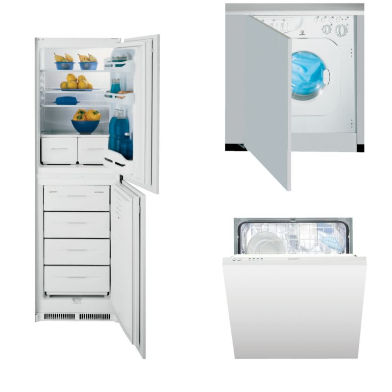 Fridge-Freezer Dimensions: (H)1772 x (W)543 x (D)550mm, Adjustable thermostat &amp; automatic fridge defrost, Freezer defrost by manual drainage channel., Safe store for up to 15 hours if the power fails., Freezer rating: A, Freezer Capacity: 105L, Fridge Capacity: 155L, Fully integrated, Guarantee: 12 months parts and labour, Energy efficiency: A, Dishwasher Dimensions: (H)820-900 x (W)595 x (D)570mm, 12 place settings, 4 wash programmes, Noise level: 51dBA, Aqua stop anti-flooding system, Wash performance: A, Drying performance: B, Energy efficiency: B, Water consumption: 16L, Half load programme, 13 amps, Guarantee: 1 years parts &amp; labour, Washer/Dryer Dimensions: (H)820-900 x (W)575 x (D)550mm, 20 wash programmes, Noise level: 60dBA, Energy efficiency: A (Wash), C (Dry), Spin performance: B, Water usage: 57L, 5.5Kg wash load, 4.5Kg dryer load, Spin speed: 1200