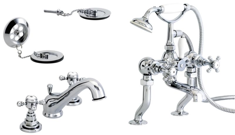 BandQ Gloucester Three Tap Hole Basin Mixer Tap And Bath/Shower Mixer Tap Pack Chrome Effect