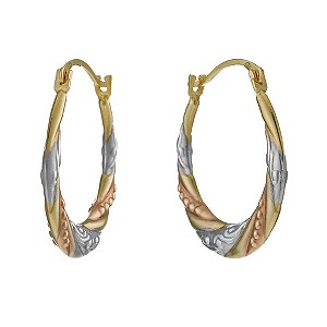 9ct Three Tone Beaded Creole Hoop Earrings