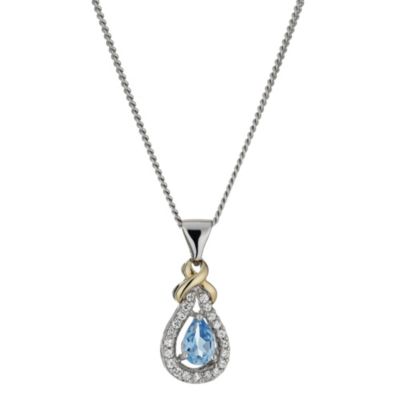Silver & 9ct Gold Blue Topaz & Cubic Zirconia Kiss Pendant