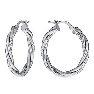 9ct White Gold 20mm Diamond Cut Twist Creole Hoop Earrings