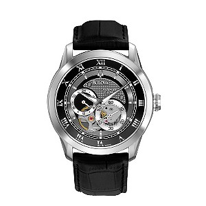 Bulova Men's Stainless Steel Skeleton Black Strap Watch