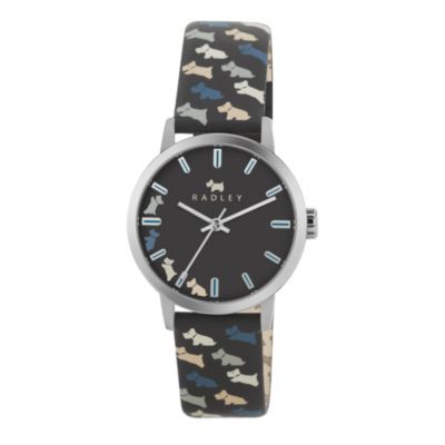 Radley Ladies' Steel Dog Print Black Leather Strap Watch - Product number 1013300