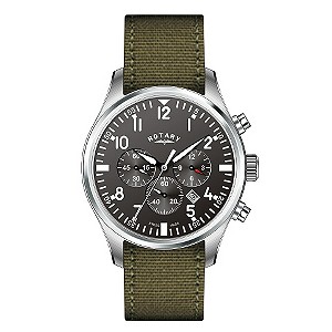 Rotary Men's Stainless Steel Black Canvas Strap Watch