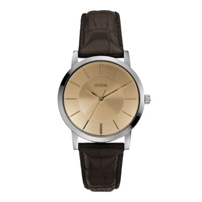 Guess Men's Stainless Steel Brown Leather Strap Watch