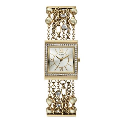 Guess Ladies' Pearl & Crystal Gold-Plated Bracelet Watch