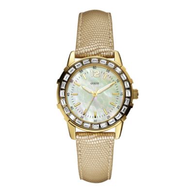 Guess Ladies' Gold-Plated Crystal Set Leather Strap Watch