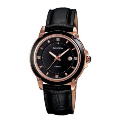 Casio Sheen Ladies' Rose Gold-Plated Black Strap Watch - Product number 1015400