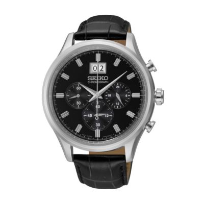 Seiko Men's Stainless Steel Black Leather Strap Watch - Product number 1015745