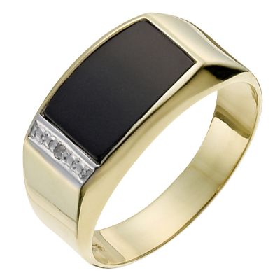 9ct yellow gold onyx & diamond flat ring - Product number 1018175