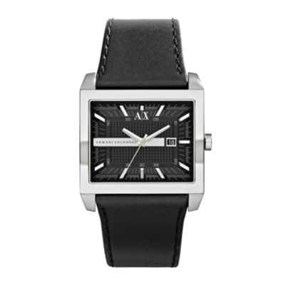 Armani Exchange Men's Steel Black Leather Strap Watch