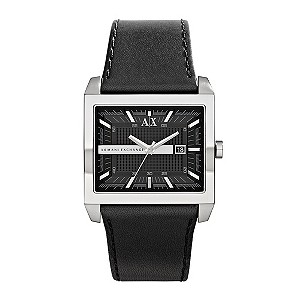 Armani Exchange Men's Steel Black Leather Strap Watch