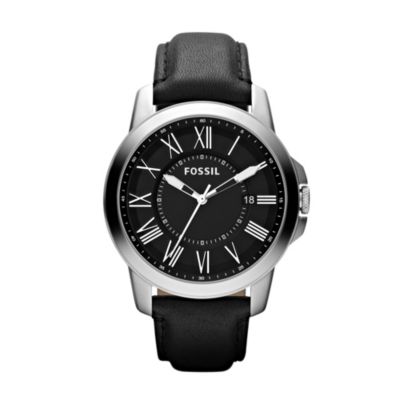 Fossil Men's Stainless Steel Black Leather Strap Watch