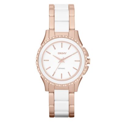 DKNY Ladies' Rose Gold-Plated & White Ceramic Bracelet Watch