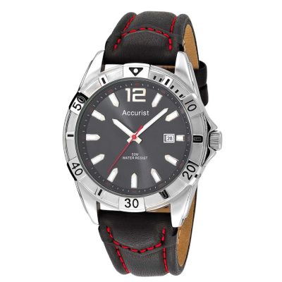 Accurist Men's Stainless Steel Black Leather Strap Watch - Product number 1039911