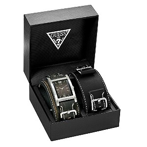 Guess Men's Stainless Steel Rectangle Black Strap Watch Set