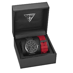 Guess Men's Black & Red Rubber Strap Watch Set