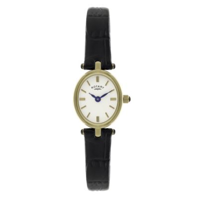 Rotary ladies goldplated black leather strap watch Ernest Jones