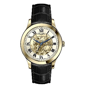 Rotary Men's Skeleton Dial Black Leather Strap Watch