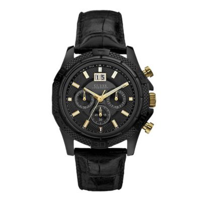 Guess Men's Gold-Plated Black Leather Strap Watch