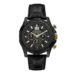 Guess Men's Gold-Plated Black Leather Strap Watch