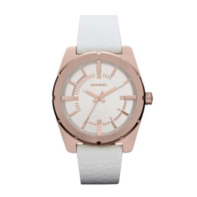 Diesel Ladies' Rose Gold Tone White Leather Strap Watch