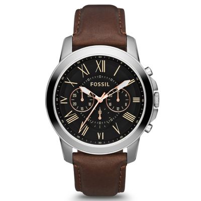 Fossil Men's Stainless Steel Brown Leather Strap Watch