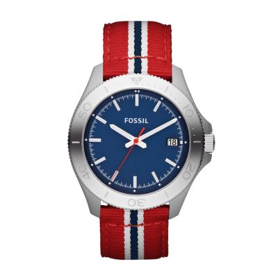 Fossil Retro Traveller Men's Steel Red Fabric Strap Watch