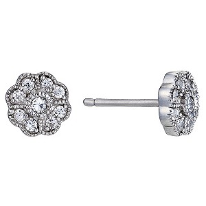 Silver Rhodium-Plated Cubic Zirconia Flower Stud Earrings