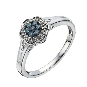 Silver, White & Treated Blue Diamond Flower RingSilver, White & Treated Blue Diamond Flower Ring