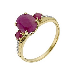 9ct Yellow Gold Ruby & Diamond Three Stone Ring