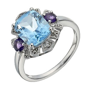 Silver, Blue Topaz, Amethyst & Diamond Cocktail Ring