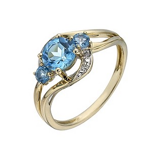 9ct Yellow Gold Three Stone Blue Topaz & Diamond Ring