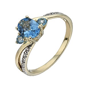 9ct Yellow Gold Blue Topaz & Diamond Ring