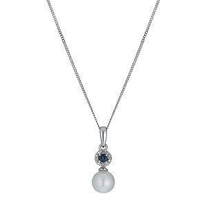 9ct White Gold Freshwater Pearl, Sapphire & Diamond Pendant