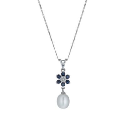 9ct White Gold Freshwater Pearl, Sapphire  Diamond Pendant - Product ...