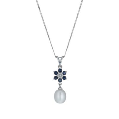 9ct White Gold Freshwater Pearl, Sapphire & Diamond Pendant