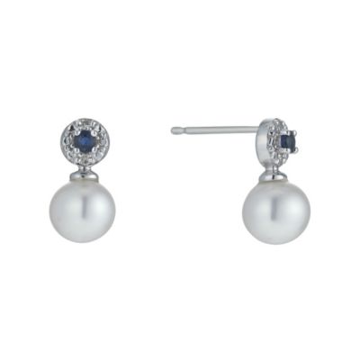 9ct White Gold Freshwater Pearl, Sapphire & Diamond Earrings