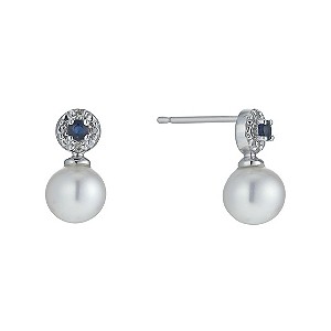 9ct White Gold Freshwater Pearl, Sapphire & Diamond Earrings