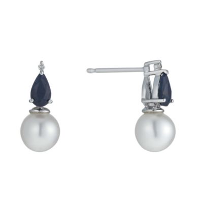 9ct White Gold Freshwater Pearl, Sapphire & Diamond Earrings